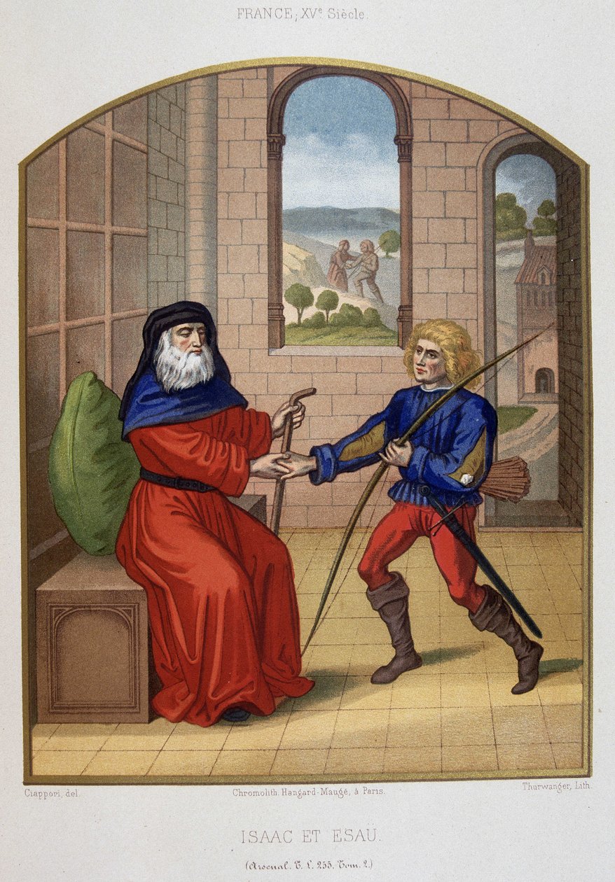 Esau with his hunting weapons and his father Isaac by Unknown artist