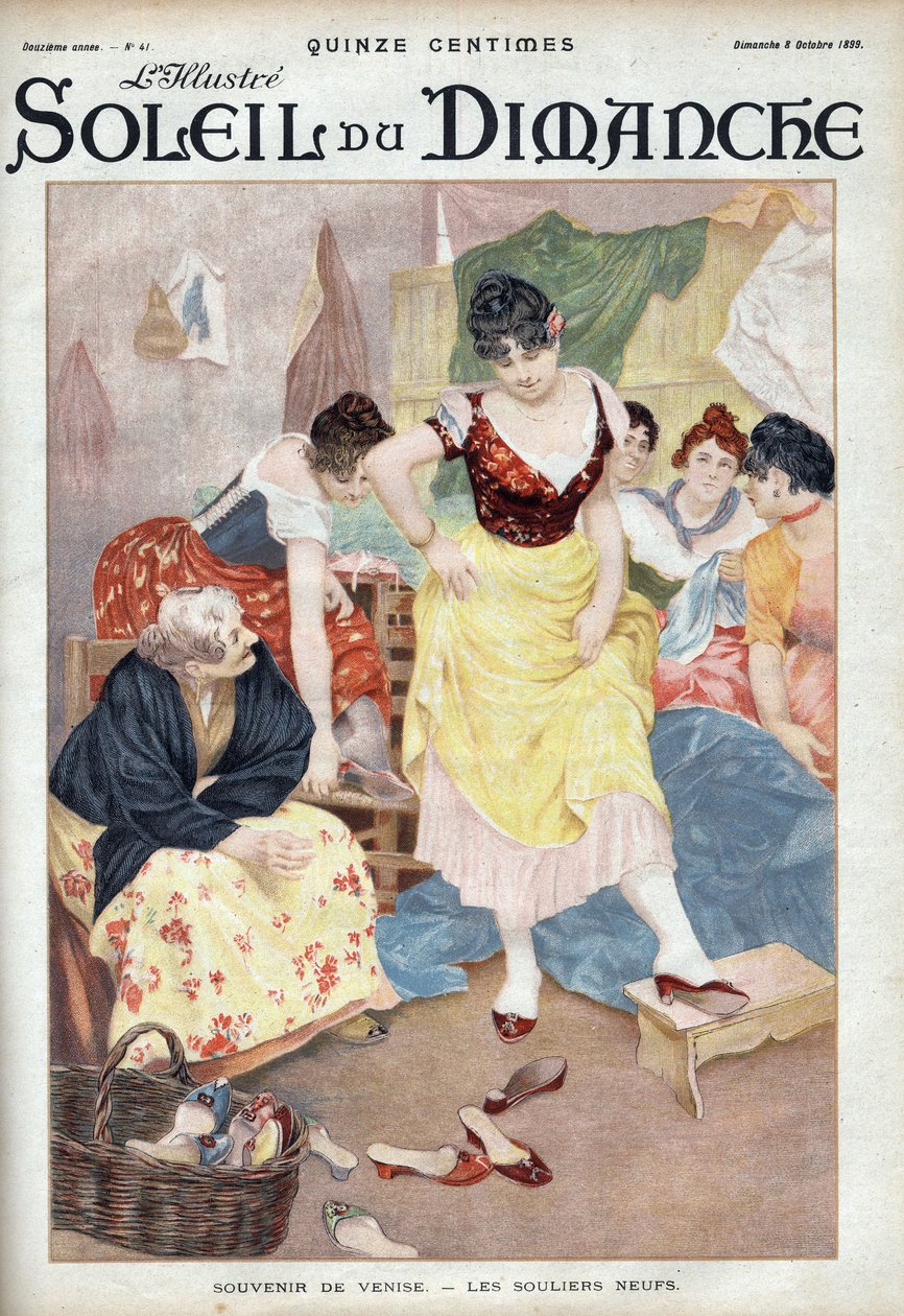 Fashion late 19th century: new shoes from Venice. Women trying shoes from the Italian city. Engraving in Le sun-du-dimanche, October 8 by Unknown artist