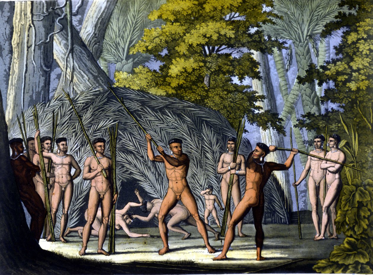 Fight between botocudos, Indians of Brazil - in 