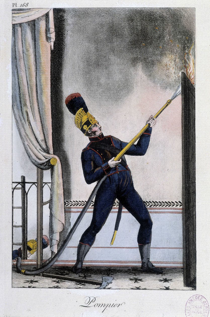 Firefighter with water lance, extinguishing a fire - circa 1830 by Unknown artist
