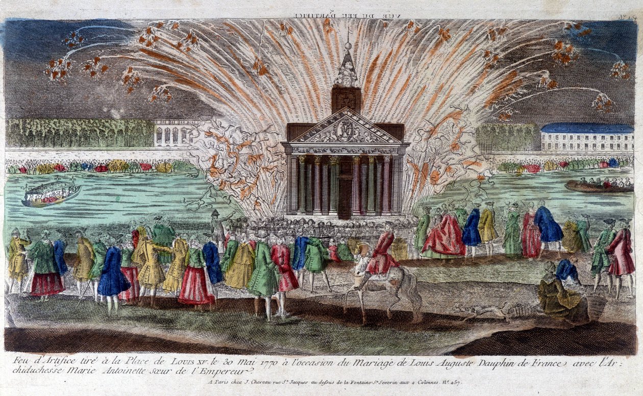 Fireworks fired at Place de Louis XV on 30 May 1770, on the occasion of the marriage of Louis Auguste, Dauphin of France with Archduchess Marie Antoinette, sister of the Emperor. Engraving late 18th century by Unknown artist