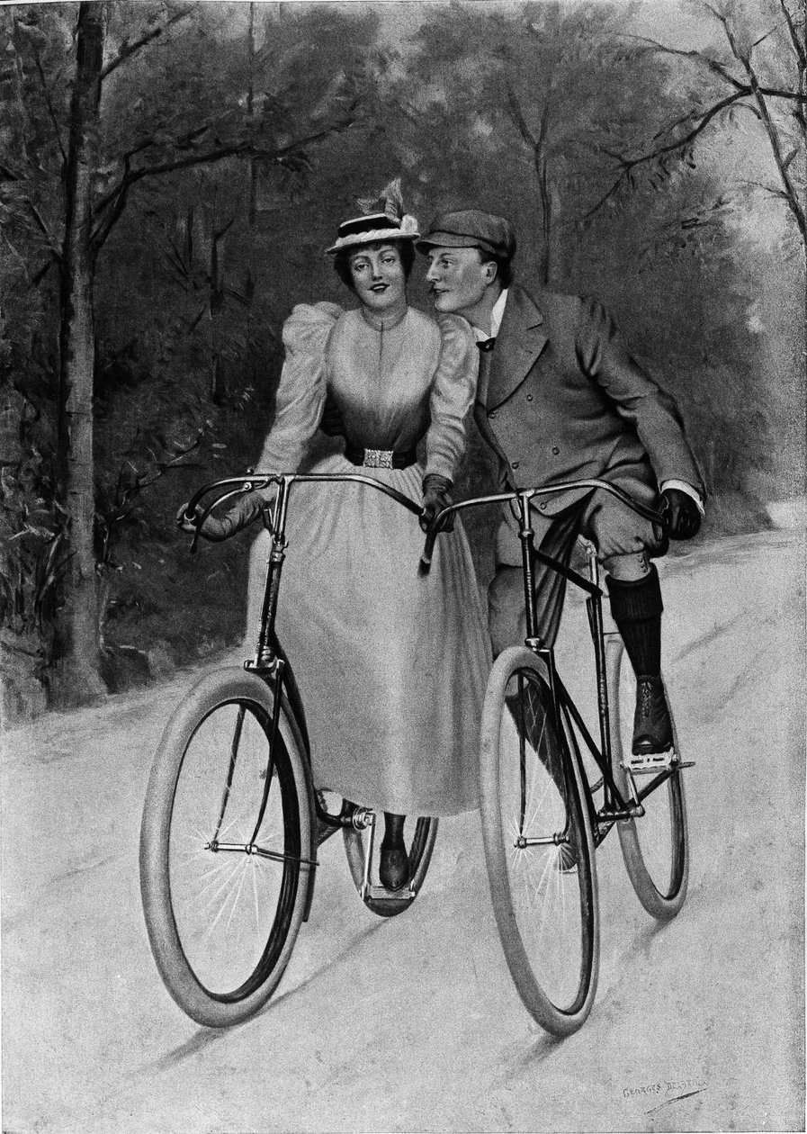Flirt End of Century: Couple on a Bike - Engraving by Unknown artist