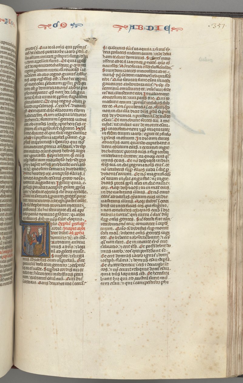 Fol. 357r, Obadiah, historiated initial V, Obadiah and a Jew in discussion by Unknown artist
