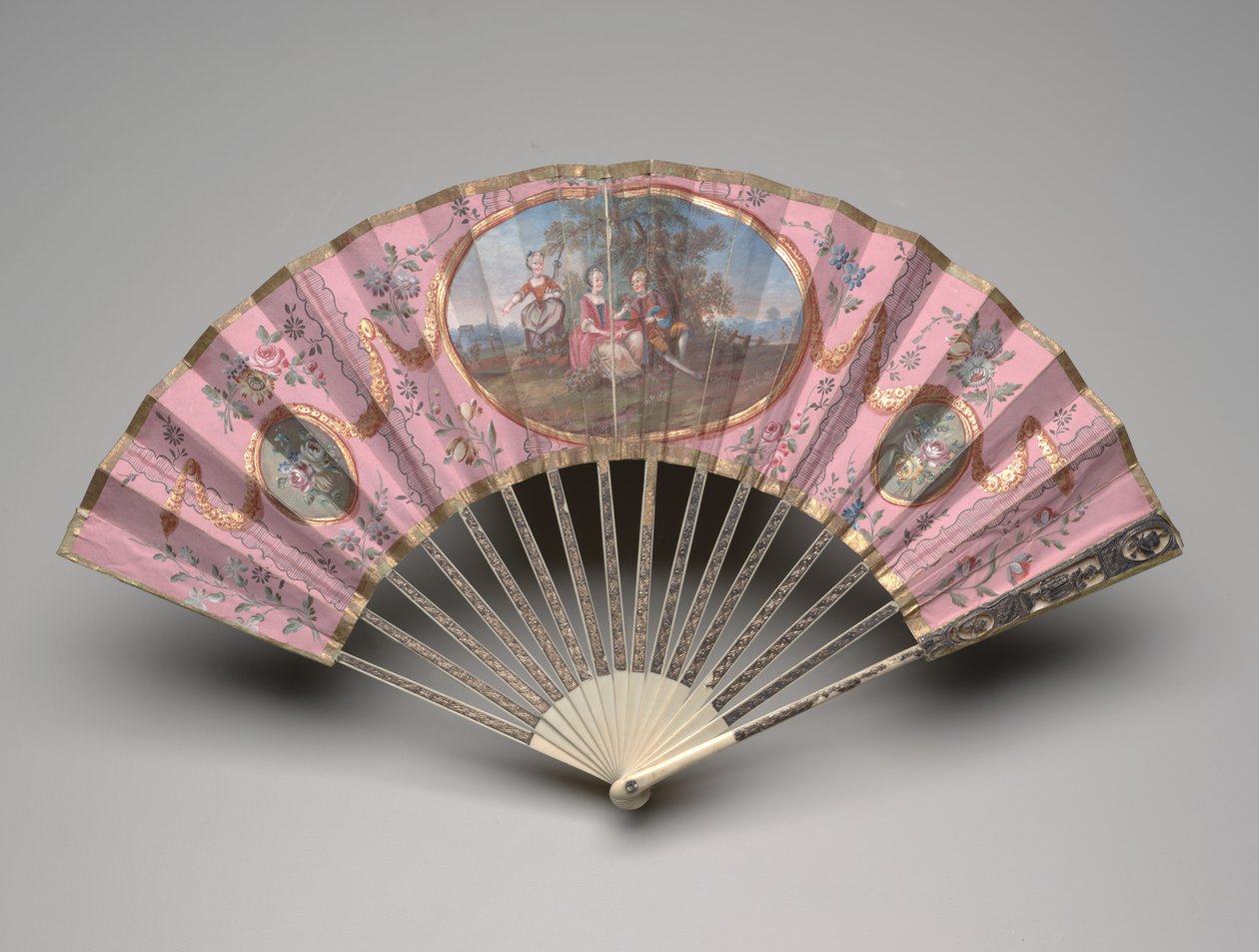 Folding fan with a pastoral scene on a "domino" ground by Unknown artist