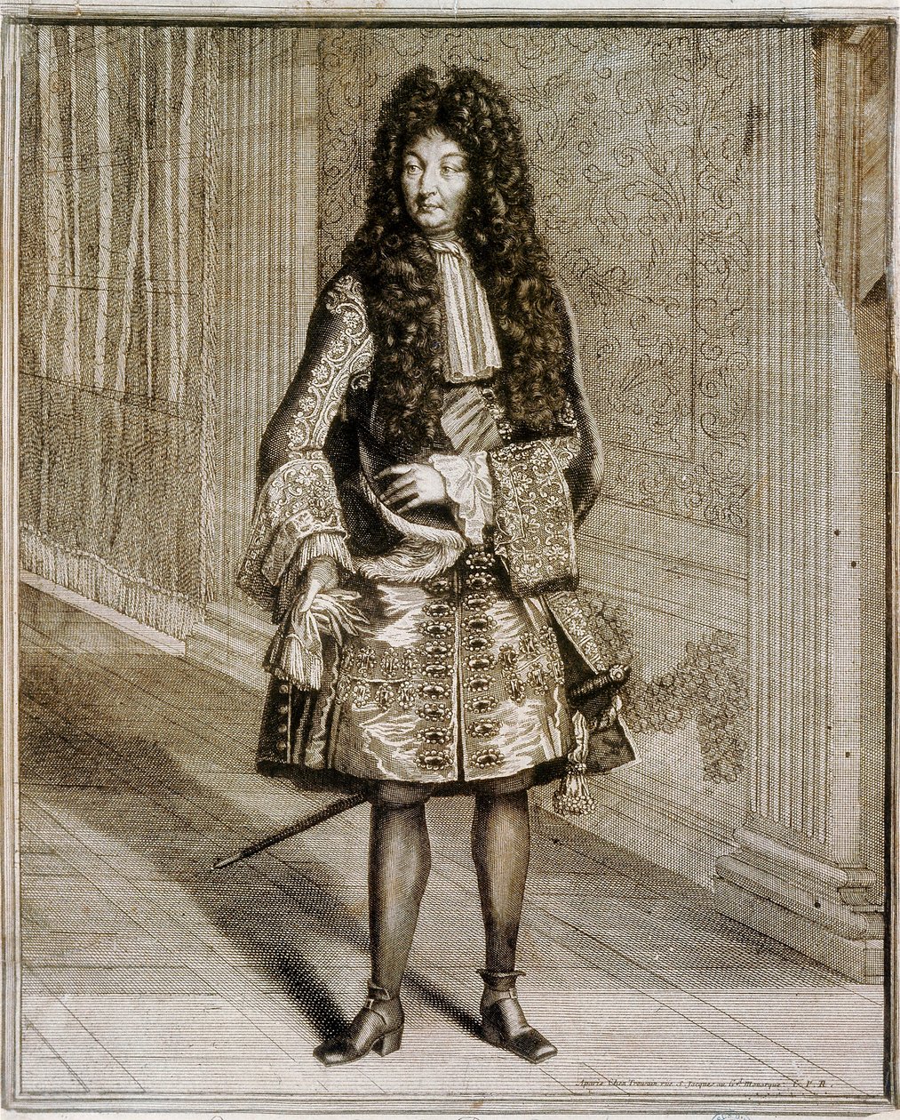 Foot portrait of King Louis XIV, known as the Sun King (1638-1715). 18th century engraving by Unknown artist