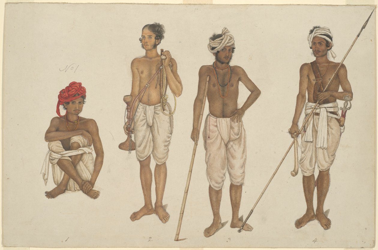 Four Recruits in White Dhotis, page from the Fraser Album by Unknown artist
