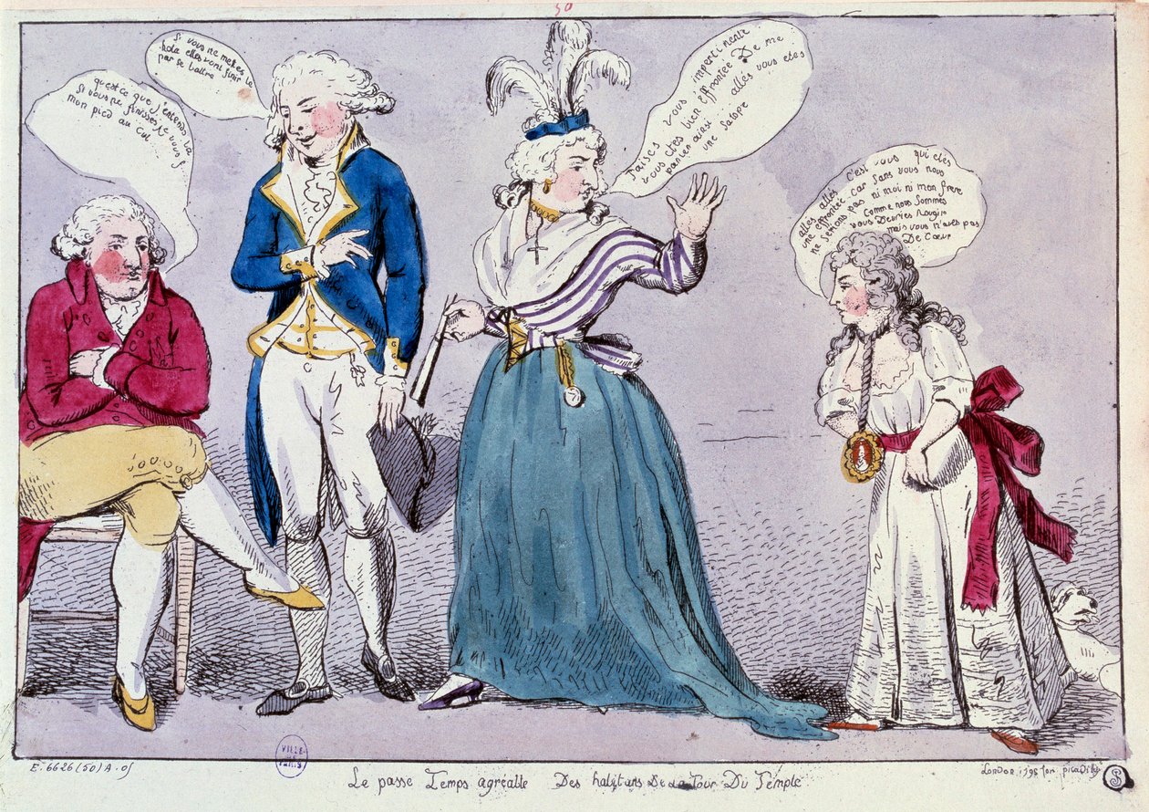Cartoon against the family of Queen Marie Antoinette (1755-1793) and Louis XVI locked up in the Temple prison. The queen and the king
