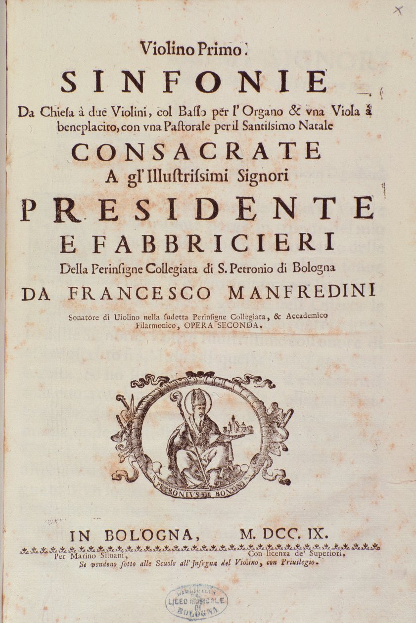 Frontispiece of musical score from Sinfonia da chiesa e due violini by Francesco Manfredini by Unknown artist