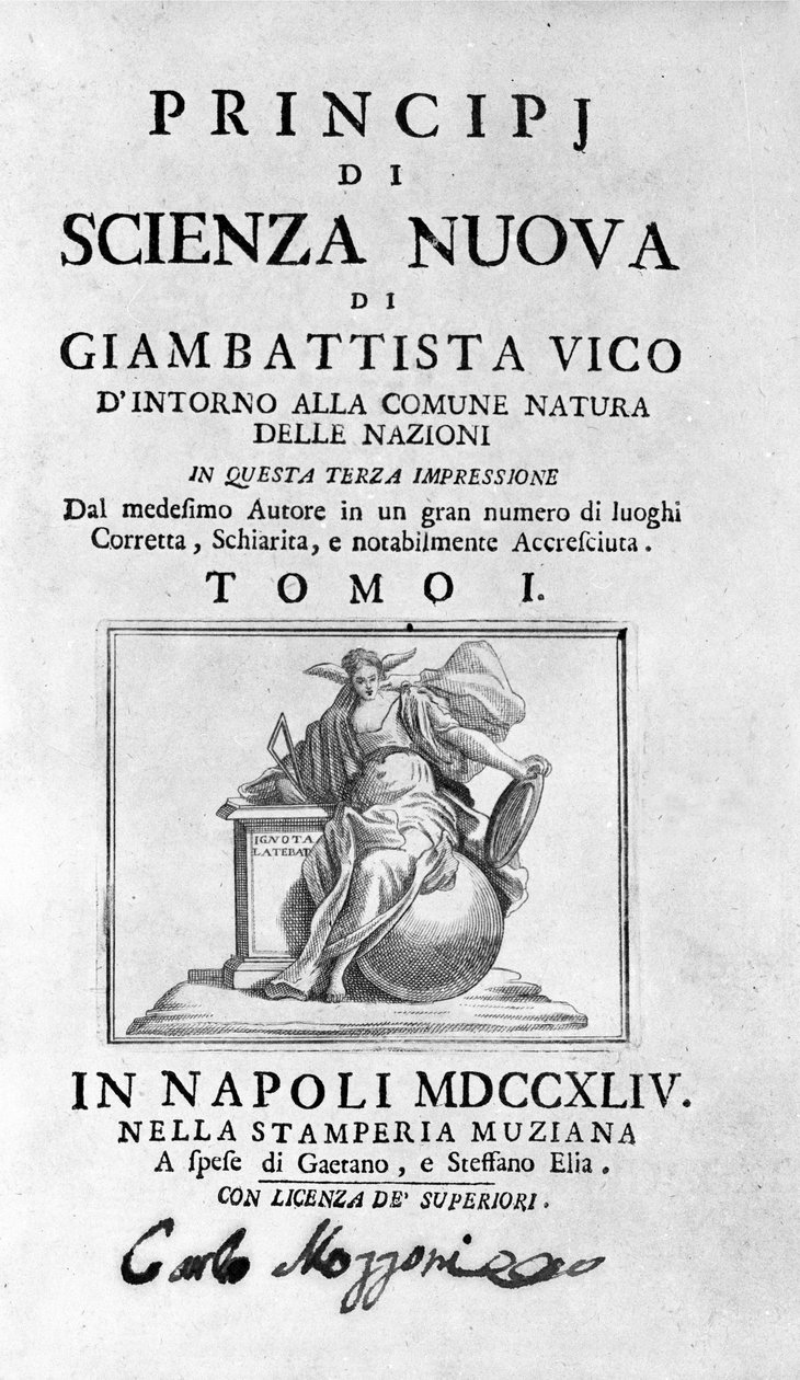 Giambattista Vico. Also called Giovanni, Gian Battista, Jean Baptiste or Jean-Baptiste. Frontispiece of La Scienza Nuova by Unknown artist