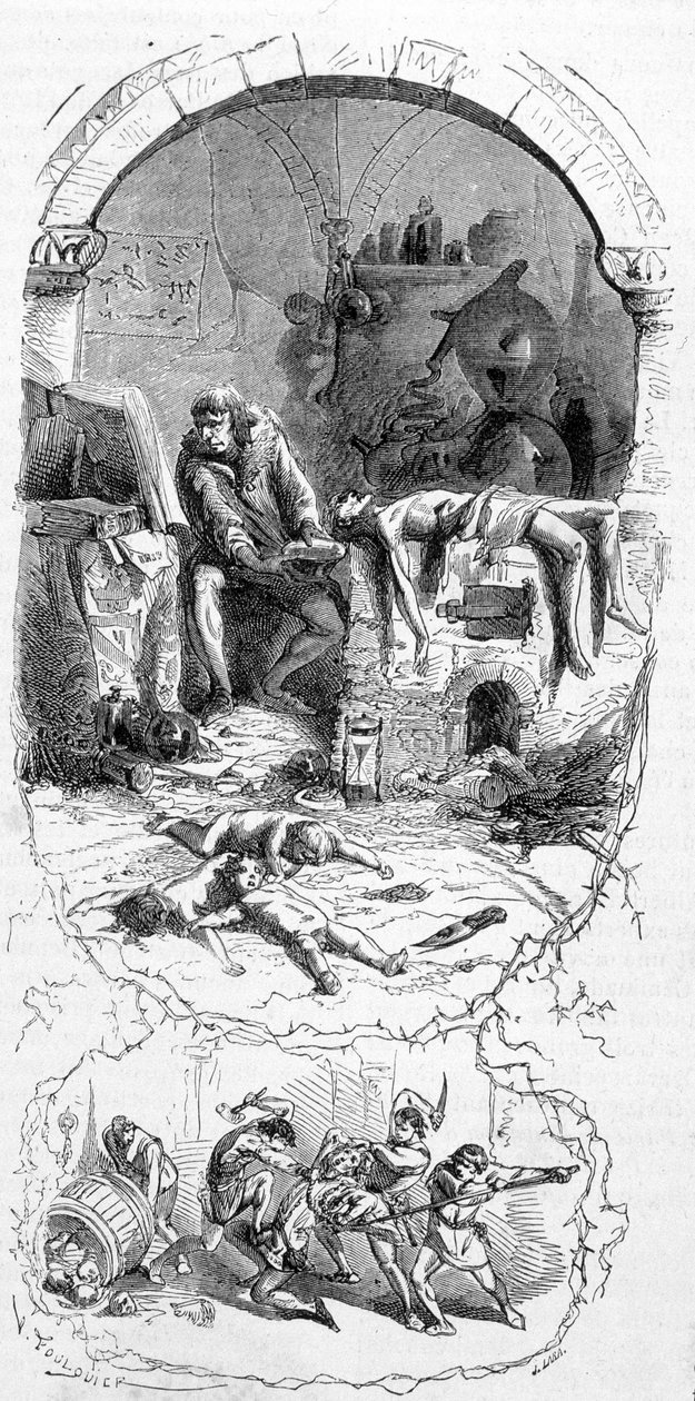 Gilles de Rais (Retz ou Rays) (1404-1440) in situation: the sorcerers, for their magical operations, bought stillborn children (15th century) - engraving, n.d. by Unknown artist
