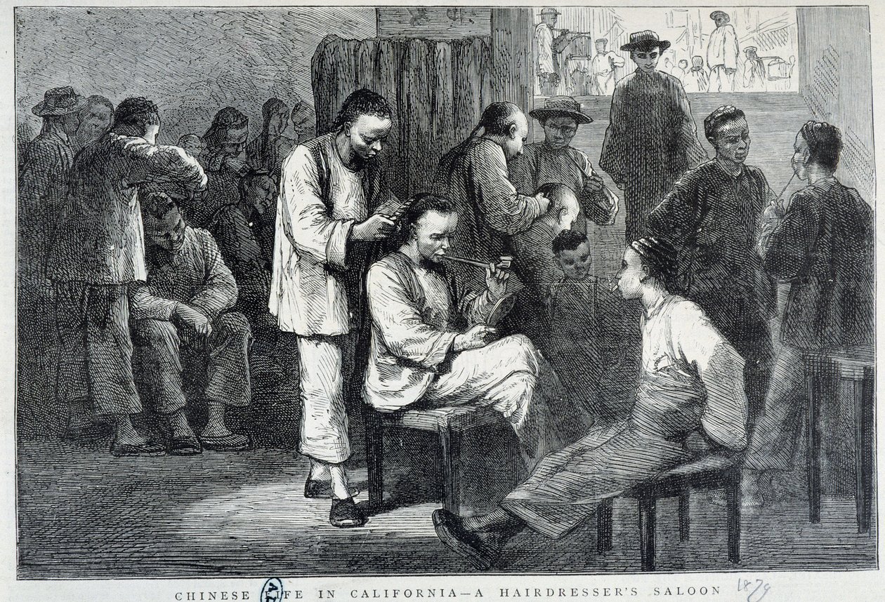 Hair Salon in the Chinese Community of California - engraving by Unknown artist
