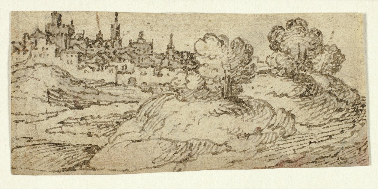 Hill Town with Trees in Foreground by Unknown artist