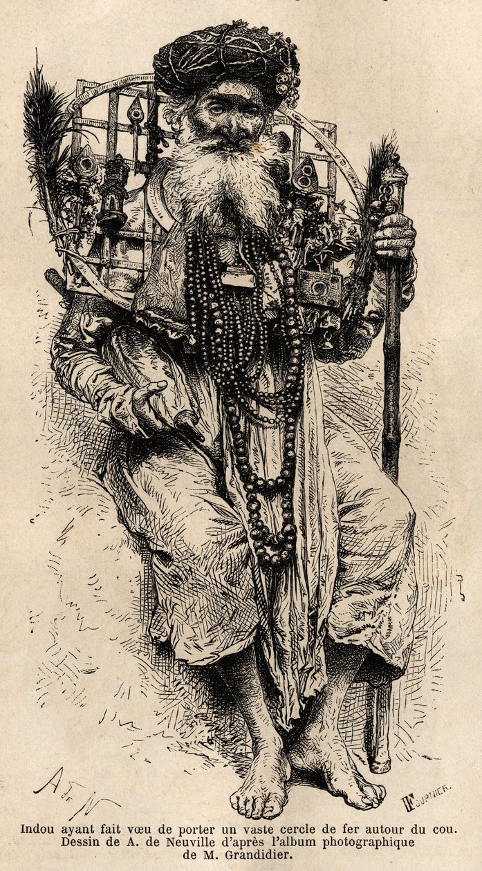 Hindu vowed to wear a large circle of iron around his neck. Engraving to illustrate the voyage in the meridional provinces of India, by Alfred Grandidier, in 1862-1864, published in 