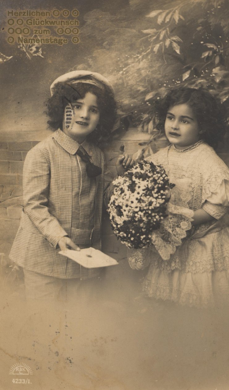 Historic Name Day Greeting Card, Children in Doll Costume, Kitschy, Romantic by Unknown artist