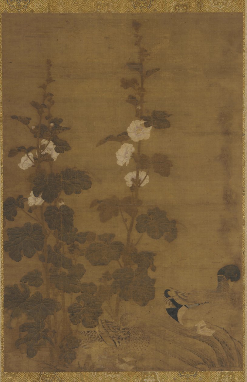 Hollyhocks and Ducks by Unknown artist