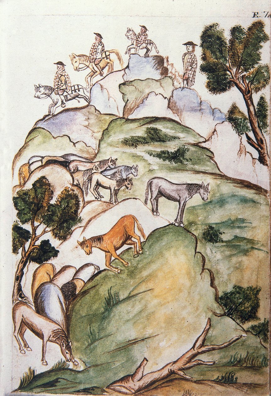 Horse keepers encircle mares in the mountains to catch them, from the book "Trujillo del Peru" or "Códice Martínez Compañón" by Unknown artist