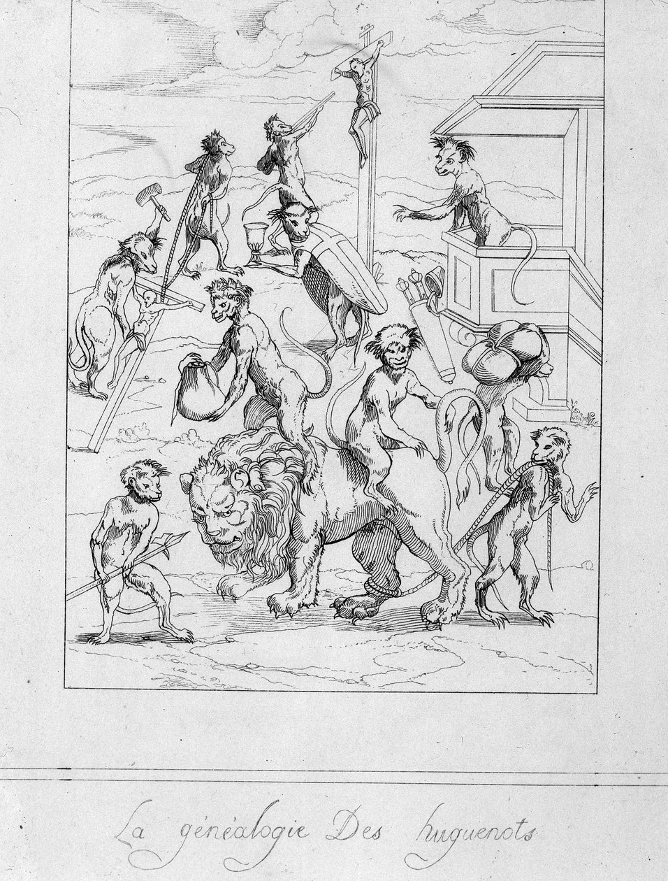 Huguenot Genealogy: Caricature of Protestants as Monkeys - Engraving by Unknown artist