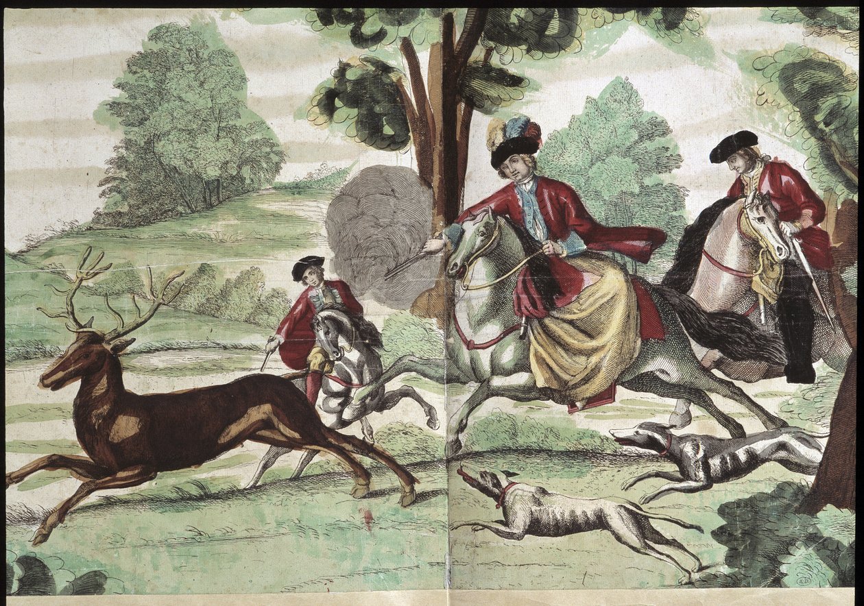 Hunting scene - engraving by Unknown artist