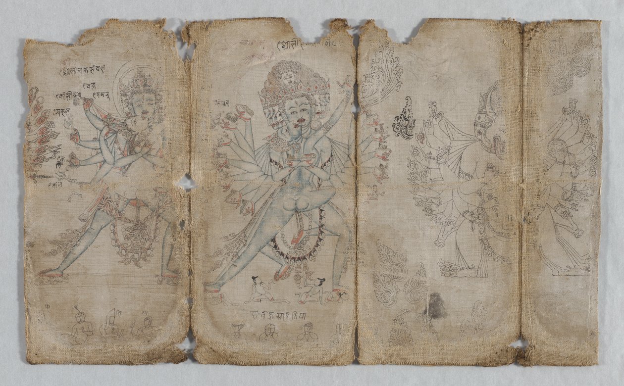 Iconographic Drawings: Chakrashamvara with Vajravarahi, Hevajra with Nairatmya, and Yamantaka (verso) by Unknown artist