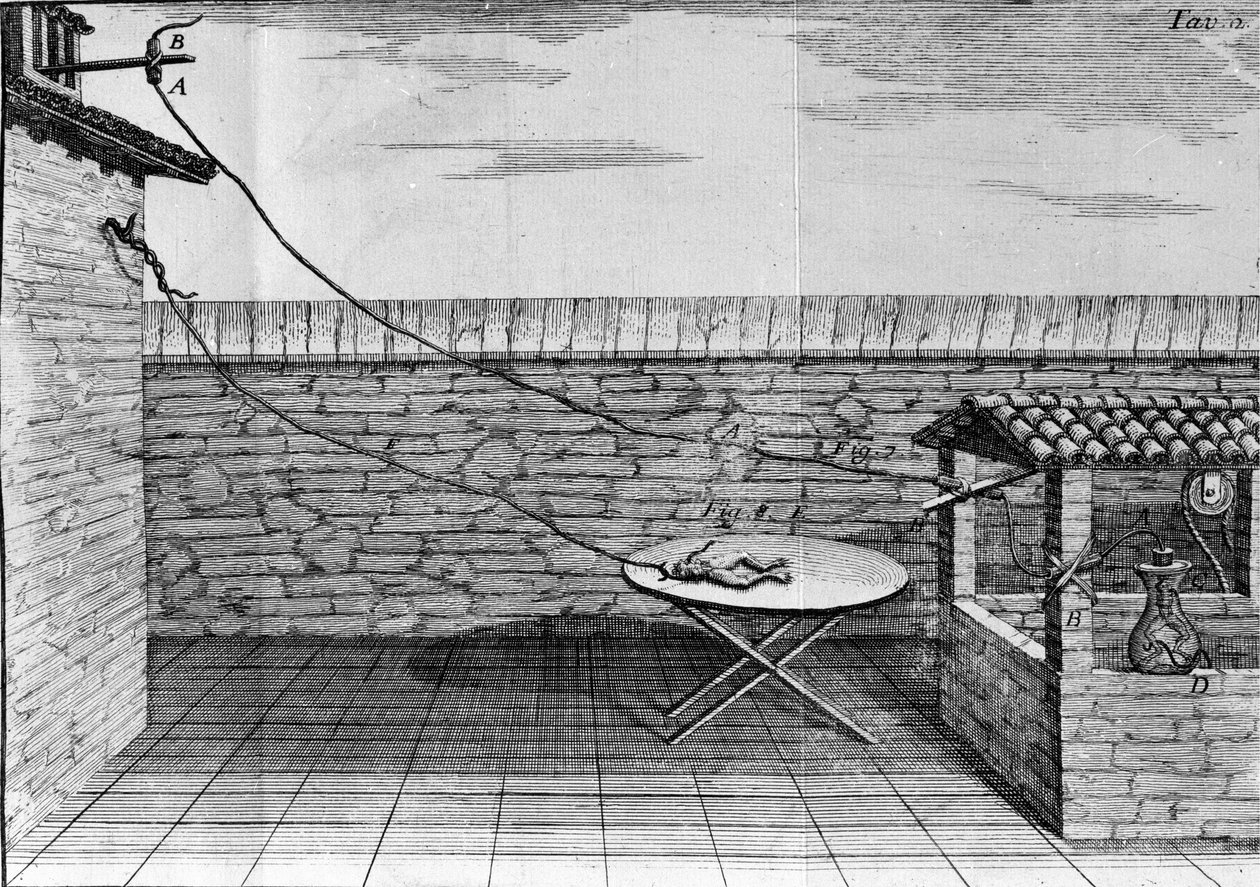 Illustration of experiments by Luigi Galvani, Italian physicist and physician (1737 - 1798) explaining the passage of electric current moving the legs of a frog. by Unknown artist