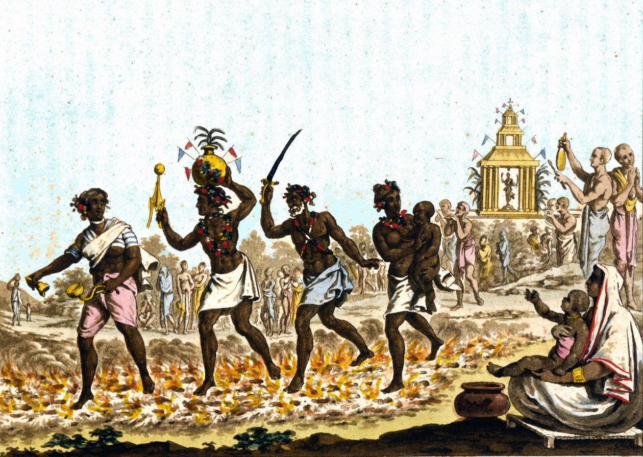 India: Fakirs Walking on Incandescent Coals (19th century engraving) by Unknown artist