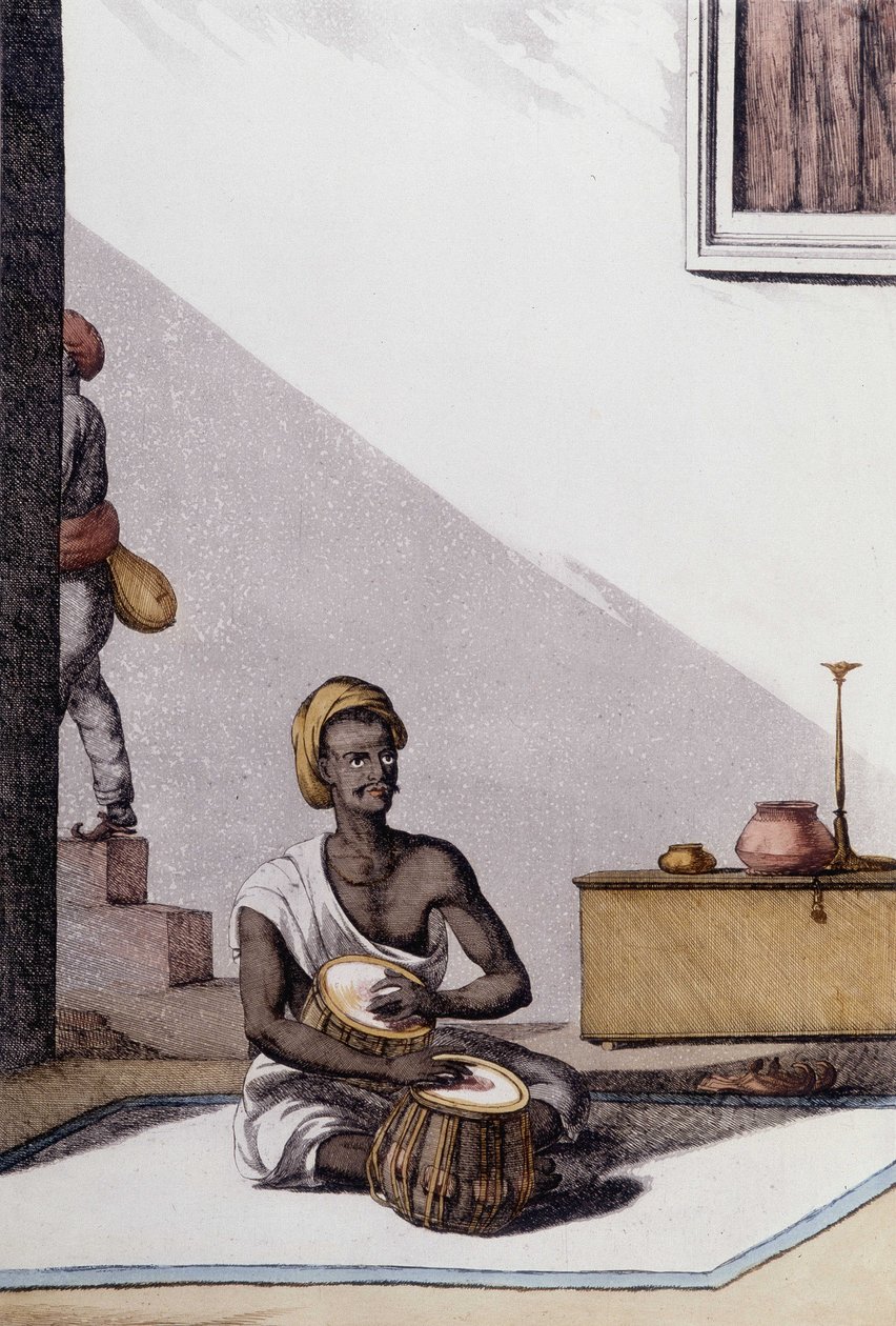 Indian culture and civilization: musician playing tablas, traditional musical instrument, India. Engraving 1808 by Unknown artist