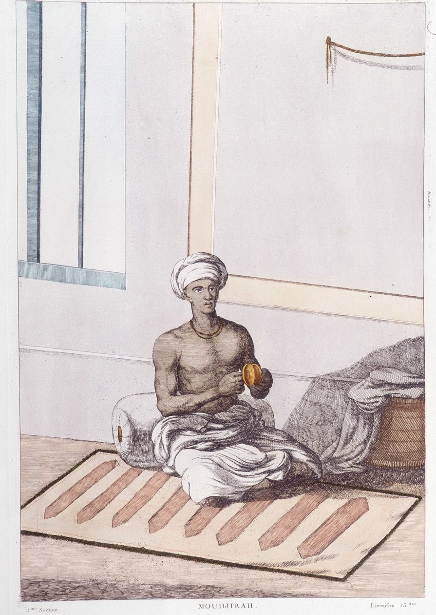 Indian culture, civilization and society: musician with traditional Indian percussion. Engraving from 1808 by Unknown artist