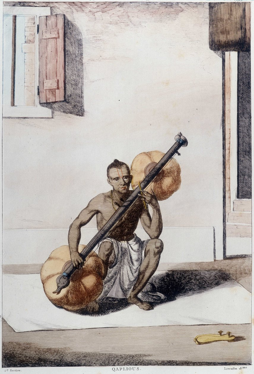Indian culture, civilization and society: musician with traditional Indian string instrument. Engraving from 1808. by Unknown artist