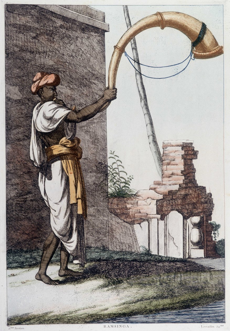 Indian culture, civilization and society: musician with traditional Indian wind instrument (Sournae). Engraving from 1808 by Unknown artist