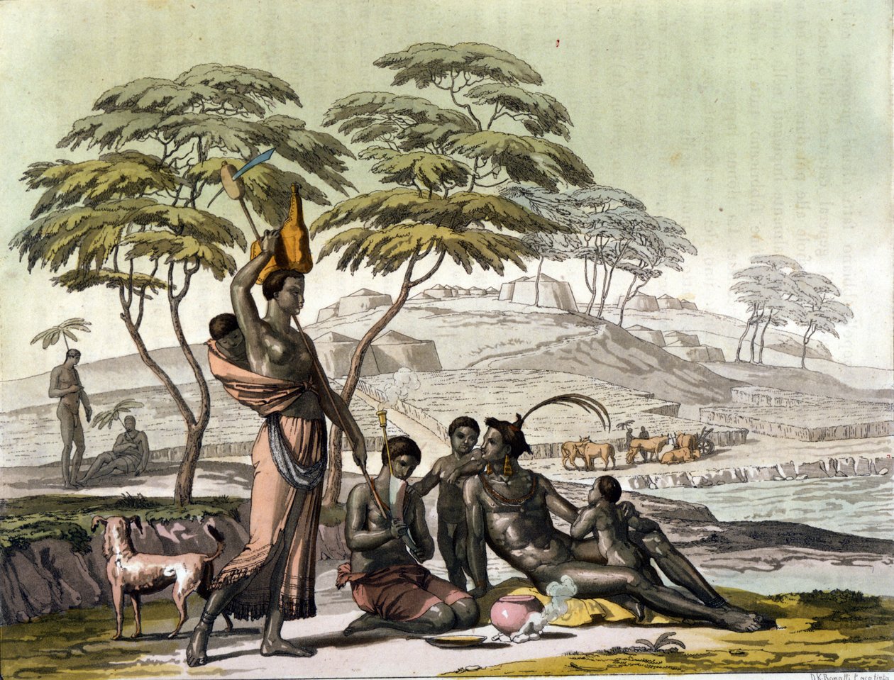 Indian from Botswana (Bechuanaland). Engraving in The old and modern costume by Jules Ferrario by Unknown artist