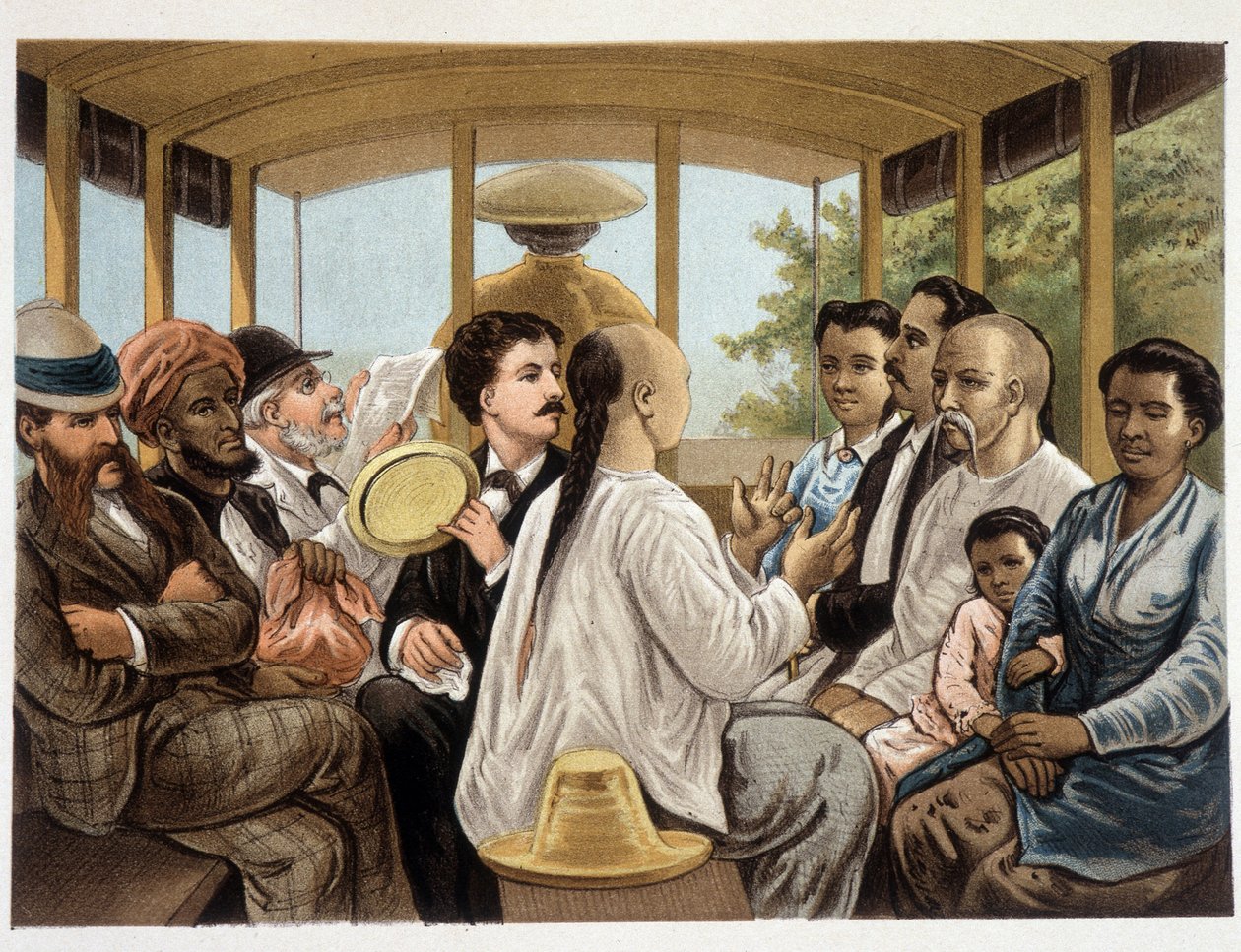 Indonesians and West in an Indonesian bus - Het kamerlind van Berkentstein in Nederlandsch-Indie by MTH Perelaer - Leiden - AW Sijjhoff teekeningen door JC Rappard - Batavia dans un transport de eerste avond aan wal by Unknown artist
