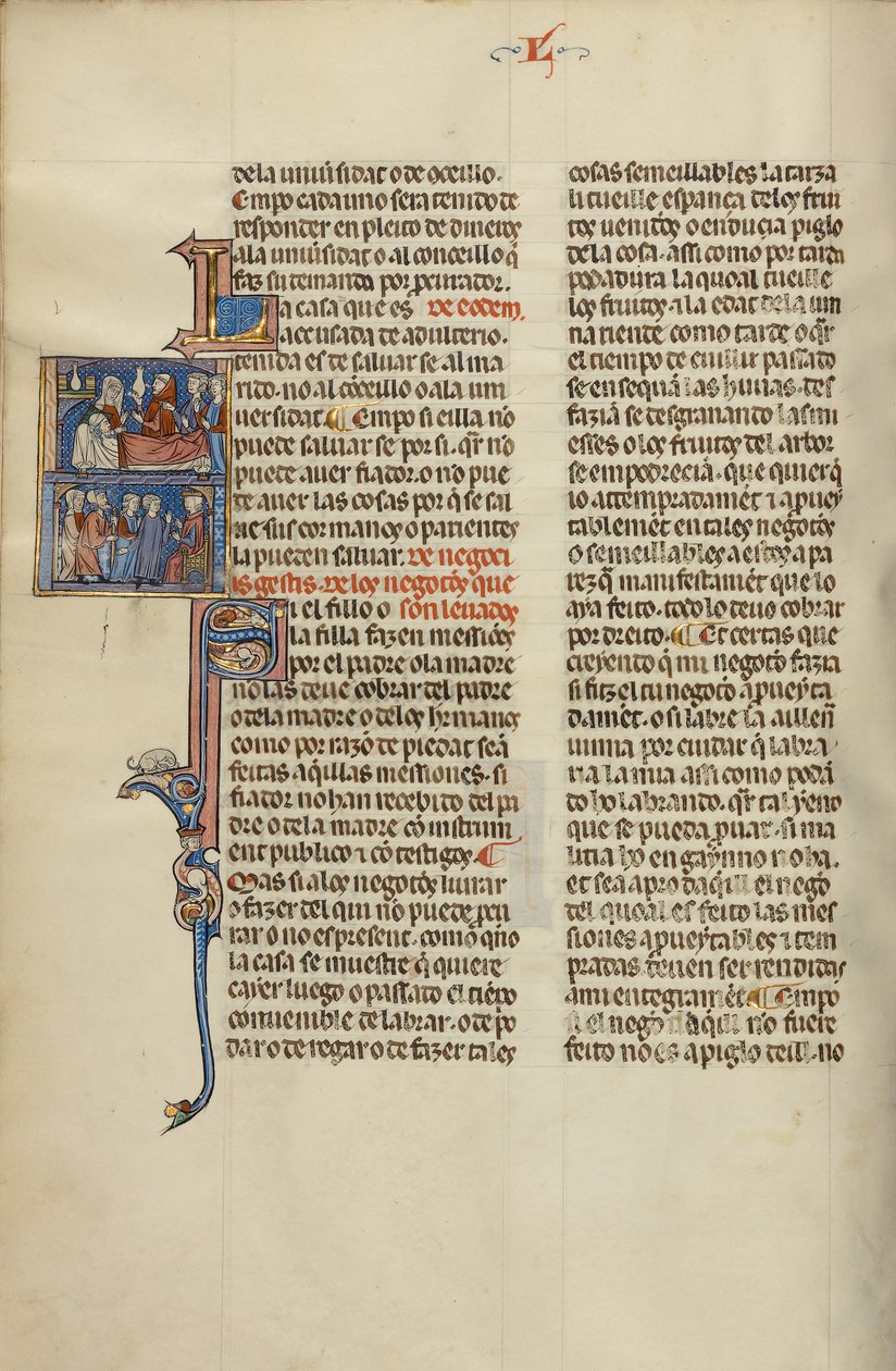 Initial S: Children and an Alchemist at a Bedside and Children and Elders before a Judge by Unknown artist