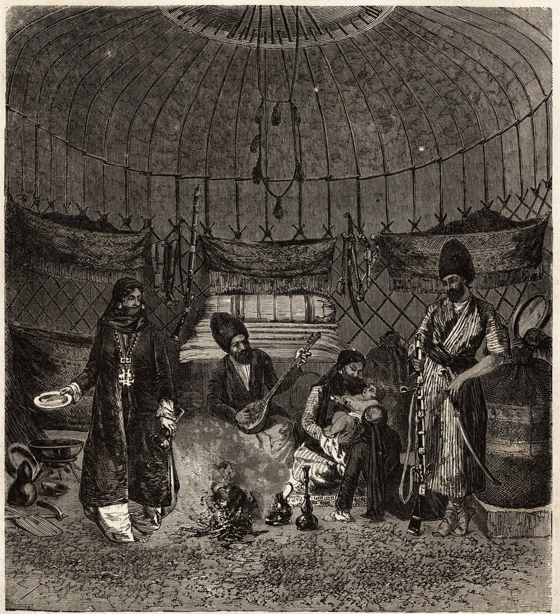 Inside a Turkish tent (Turkmena, Iraq), home to a family, with a barhchi (musician, storyteller) accompanied by the dutare to sing or recite poetry. Engraving to illustrate the story of Henri de Blocqueville 