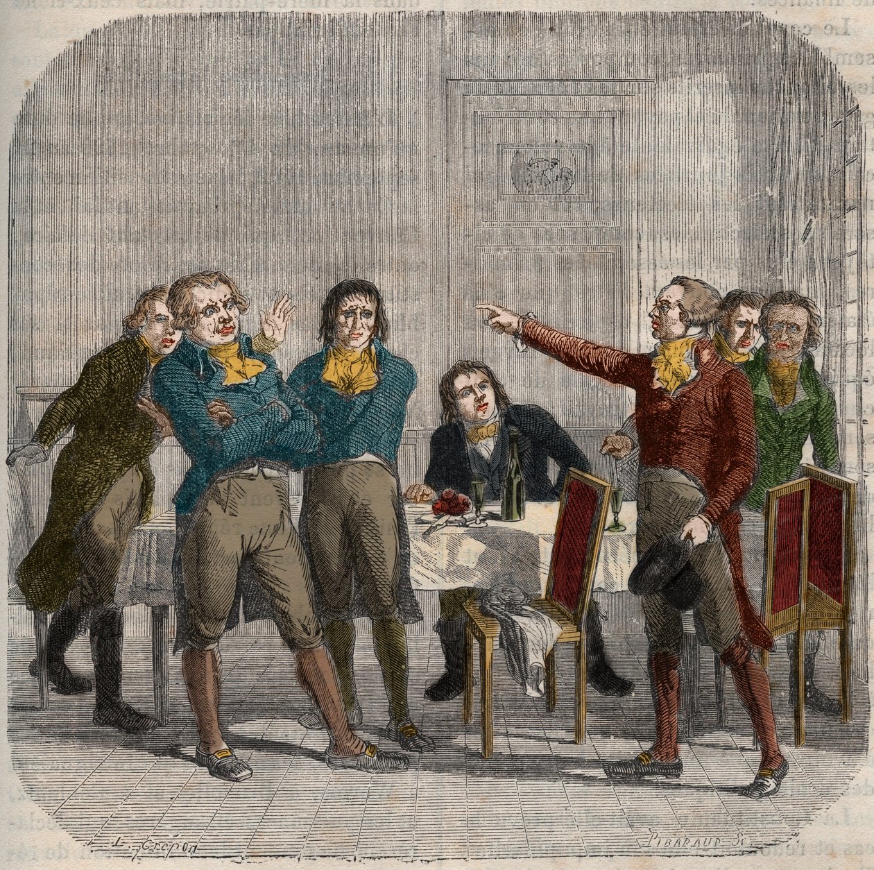 Interview between Jean-Paul Marat, Maximilien de Robespierre and Georges Jacques Danton on 28 June 1793 in a Parisian cafe on Rue du Paon. Engraving in 