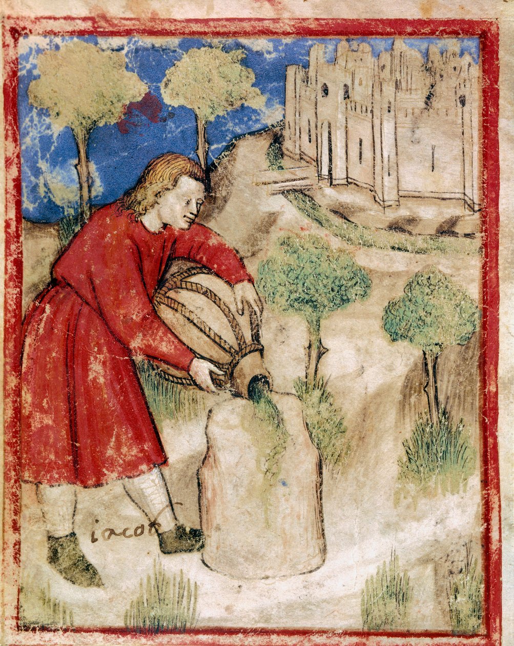 Jacob poured oil on the stone that had served him as a cushion (Miniature from Codex 212 or Bible of Padua, 1390-1400) by Unknown artist
