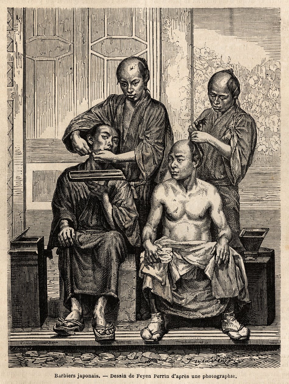 Japanese Barbers in Their Shop. Engraving to Illustrate the Voyage to Japan, in 1863-1864, by Aime Humbert, Minister of the Swiss Confederation, in Le Tour du Monde, Nouveau Journal des Voyages by Unknown artist