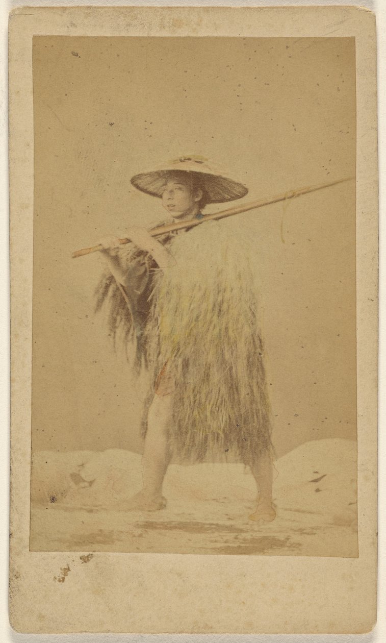 Japanese Man Wearing Straw Rain Cape and Hat, Carrying a Long Pole by Unknown artist