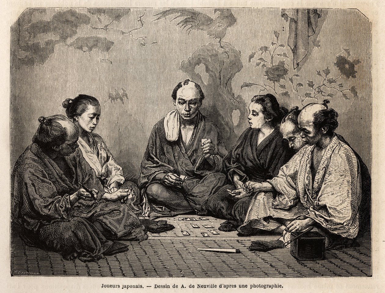 Japanese players in the middle of cards. Engraving to illustrate Japan, travel story by Aime Humbert, minister of the Swiss Confederation, in 1863-1864, published in Le tour du monde, nouveau journal des voyages, under the direction of Edouard Charton by Unknown artist