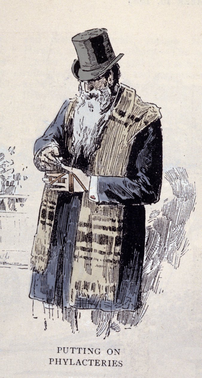 Jewish religion: an old Jewish man wearing the prayer shawl (Talit or Tzitzit), engraving from 1890 by Unknown artist
