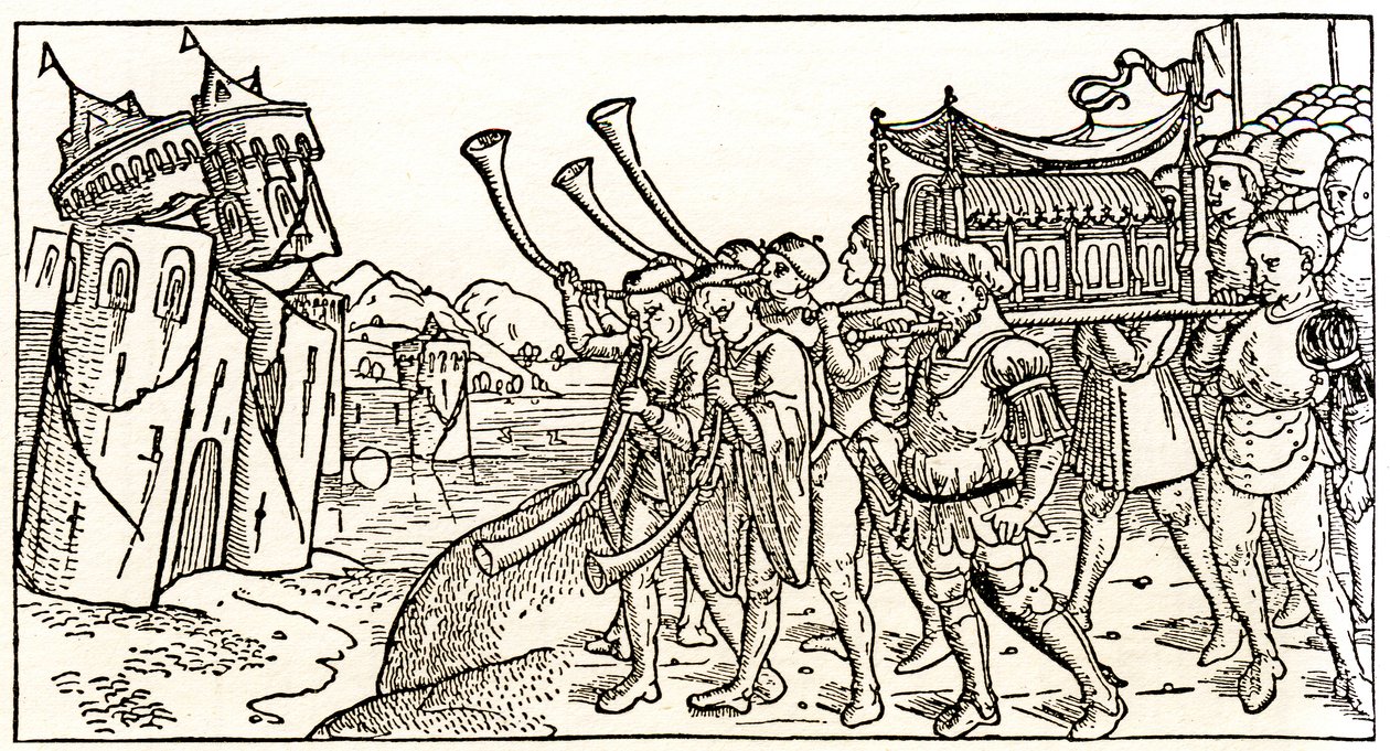 Jews carry the Ark of the Covenant in front of the collapsing walls of Jericho by Unknown artist