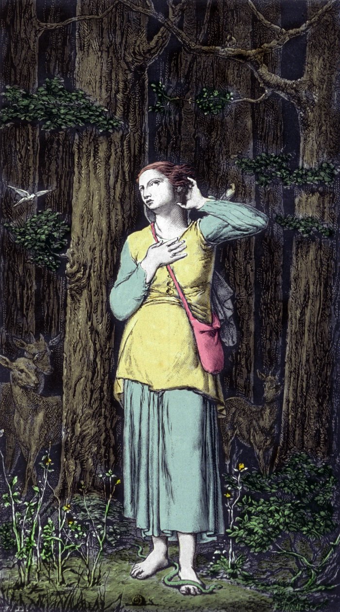 Joan of Arc hears her Celestic voices: the Archangel Saint Michael, Saint Catherine and Saint Margarita ordered her to go to France to help the king and assured him that God will help him. by Unknown artist