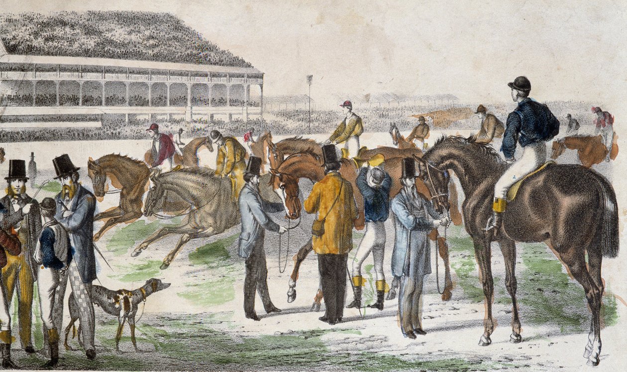 Jockeys and their horses before the race - engraving, c. 1850 by Unknown artist