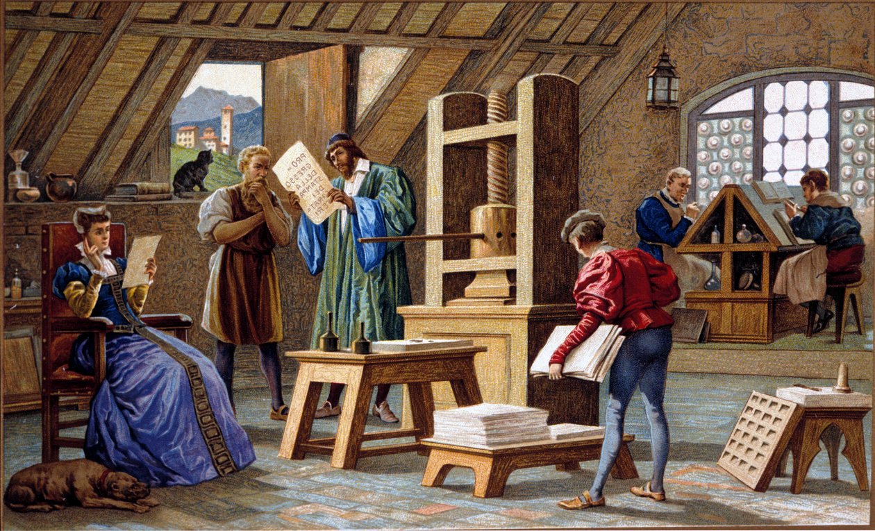 Johannes Gensfleisch Gutenberg (1400-1468), inventor of the printing press (1438). chromolithograph of the 19th century by Unknown artist