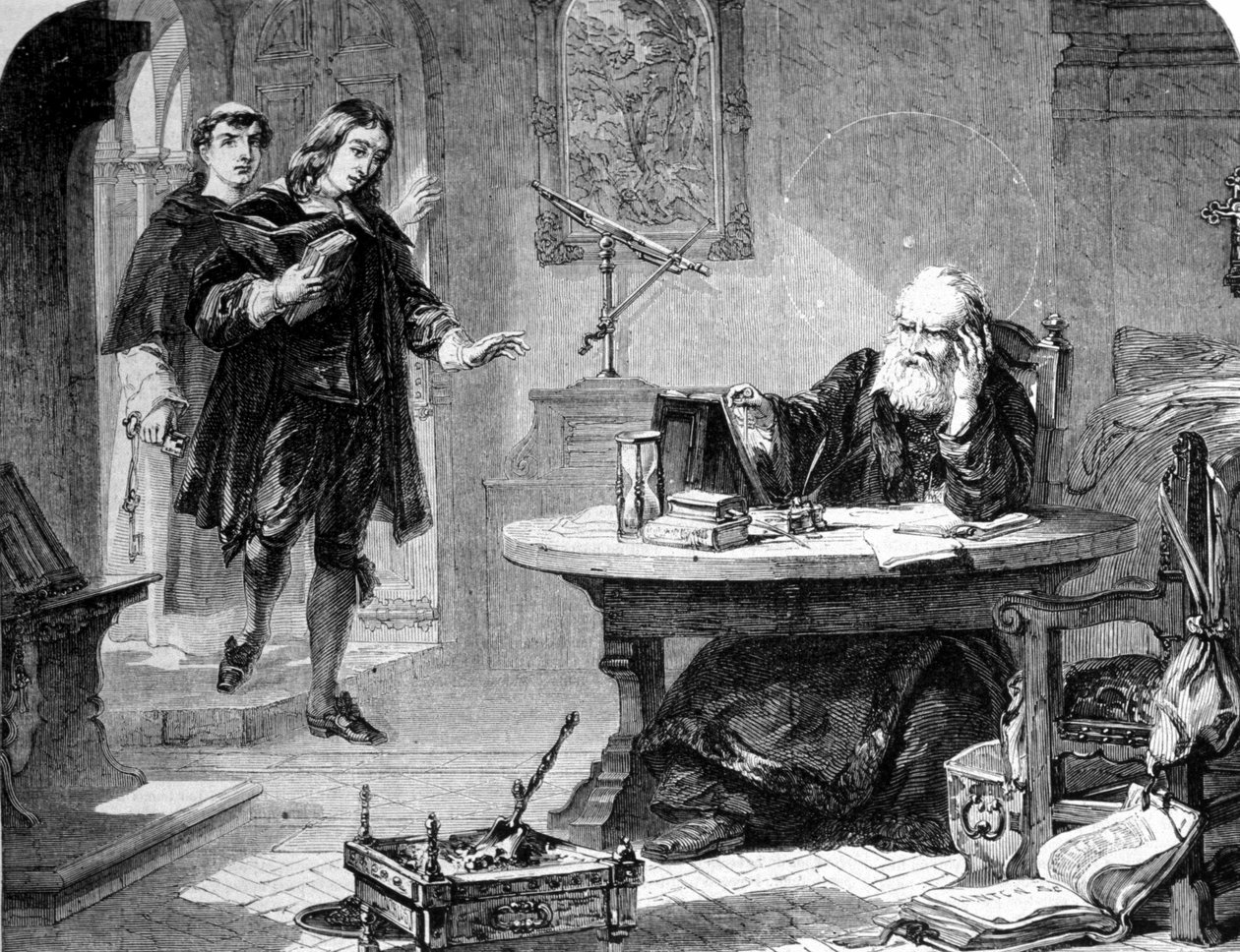 John Milton, English poet and essayist (1608 - 1674) visited Galileo Galilei (Galileo) (1564 - 1642) in his cell of the Florence Inquisition. Engraving. 1860 approx. by Unknown artist