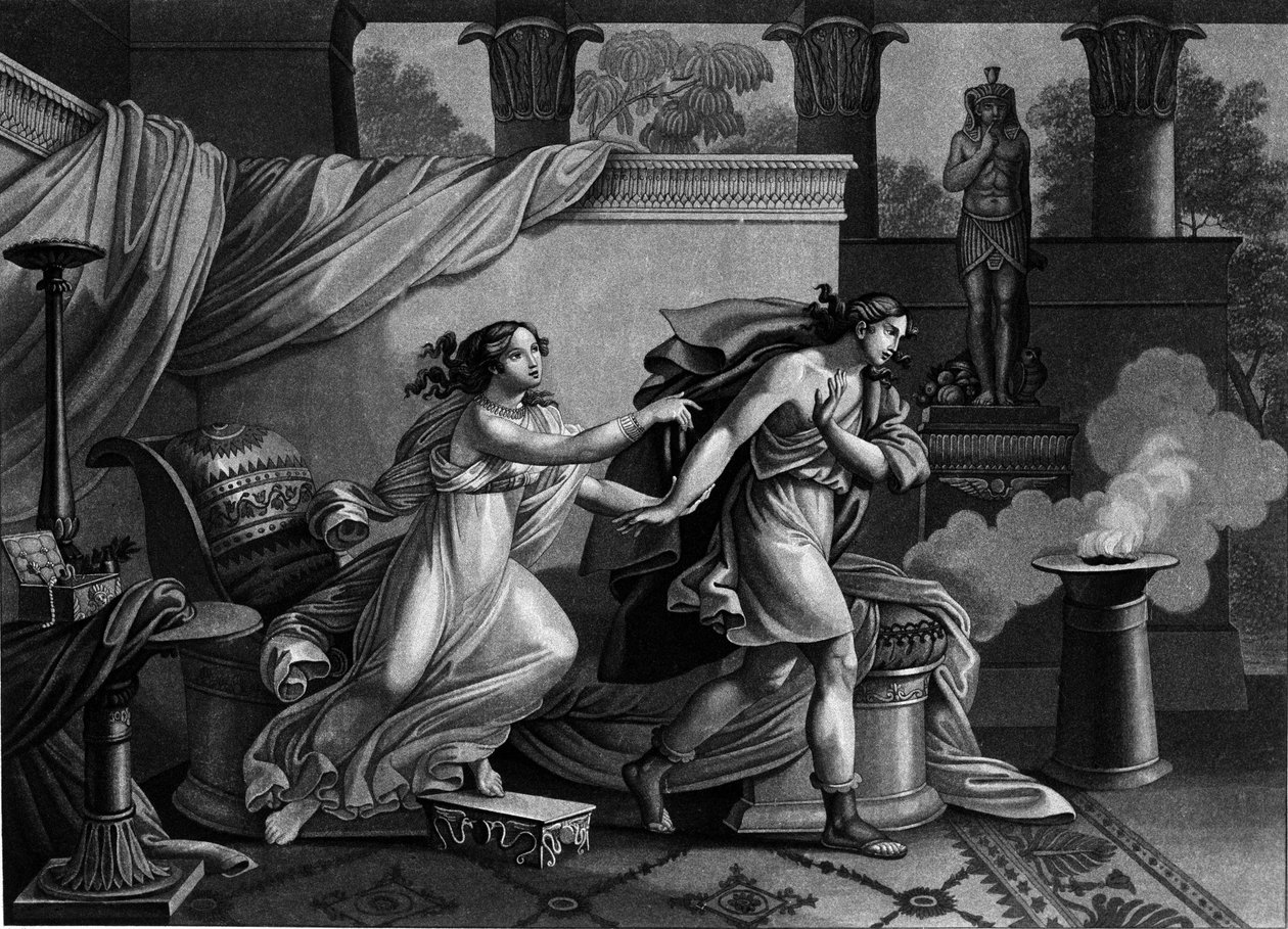 Joseph fleeing the wife of Potiphar seeking to seduce him. 19th century Lithography by Unknown artist