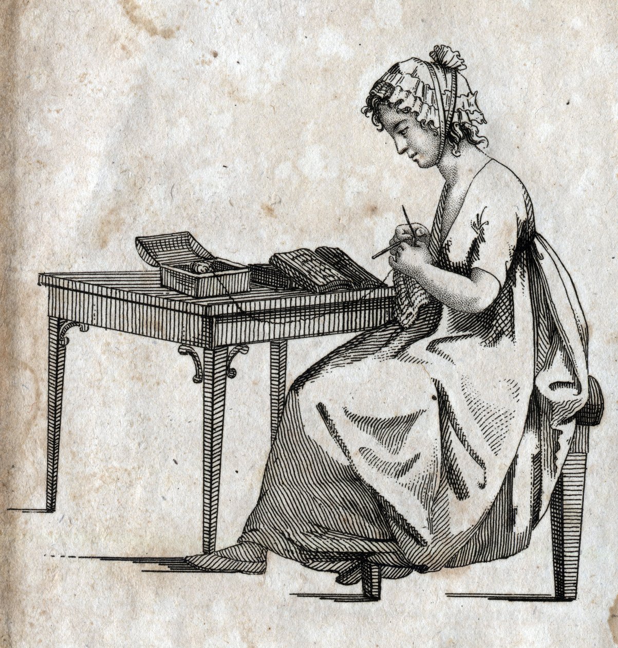Knitting machine: woman busy knitting wool. Engraving late 18th century. Private collection. by Unknown artist