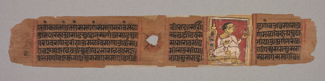 Leaf from a Jain Manuscript: Kalpa-sutra: Monk Holding a Flower (recto); text describing descent of Mahavira into the womb of the Brahman woman Devananda (verso) by Unknown artist