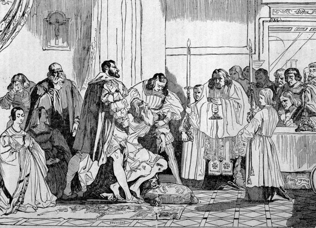 Leonardo da Vinci dying in the arms of Francois I (1494 - 1547) in 1519 at Clos Luce. Engraving. by Unknown artist