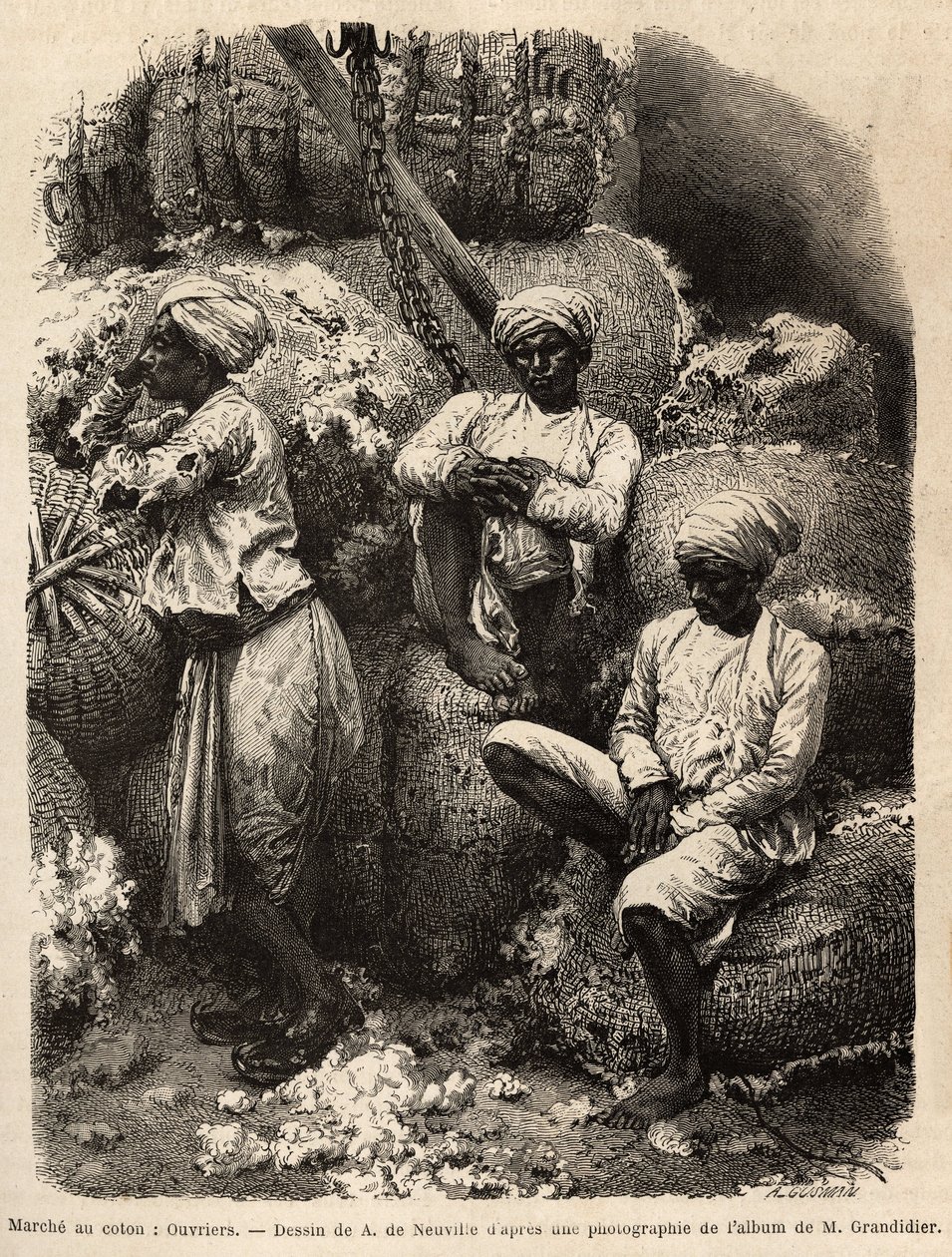 The Parsi workers at rest, at the cotton market in Bombay. Engraving to illustrate the voyage in the meridional provinces of India, by Alfred Grandidier, in 1862-1864, published in 