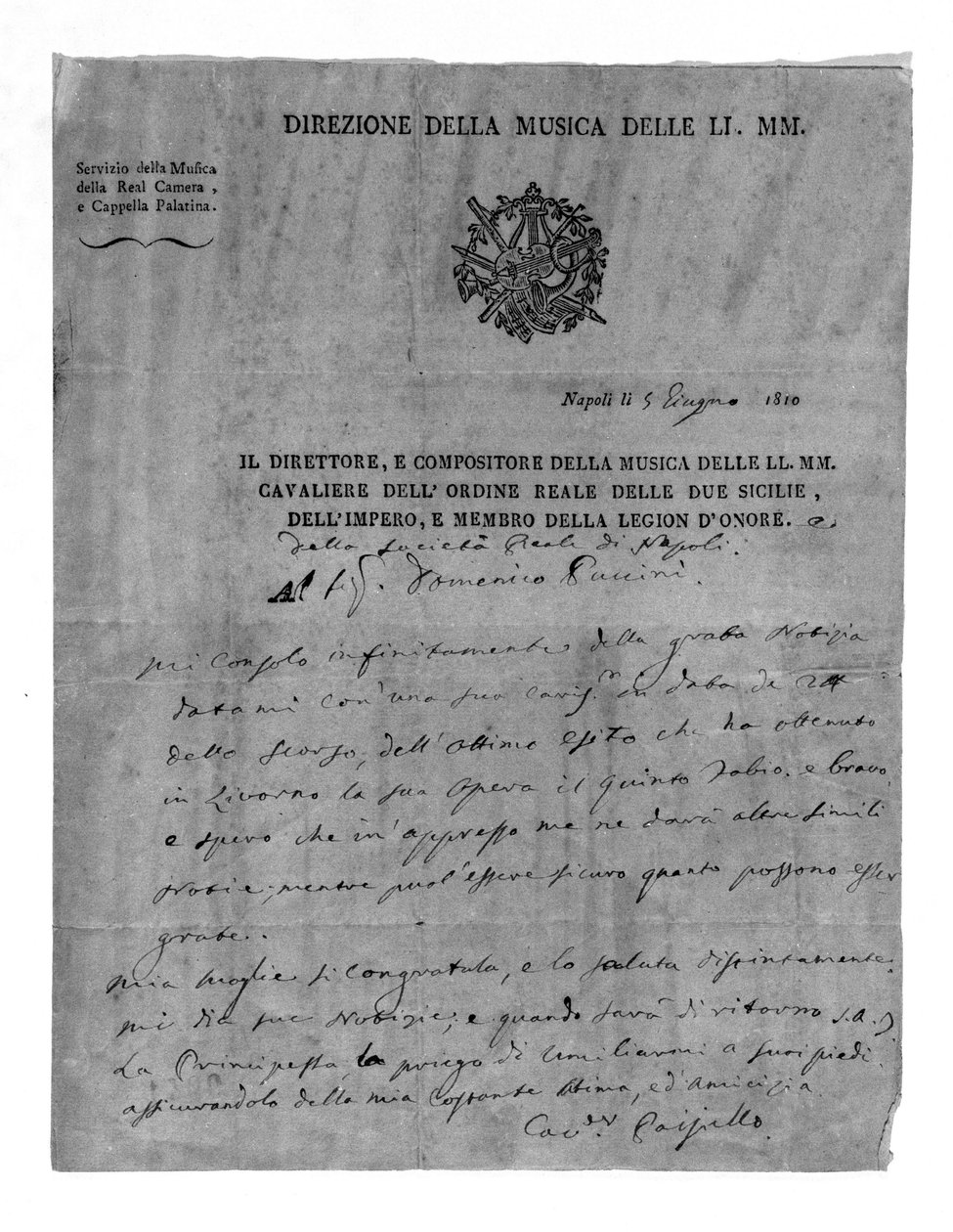 Letter from Giovanni Paisiello, Italian composer to Domenico Puccini, grandfather of Giacomo Puccini. 1810. Milan Museo Teatrale della Scala by Unknown artist